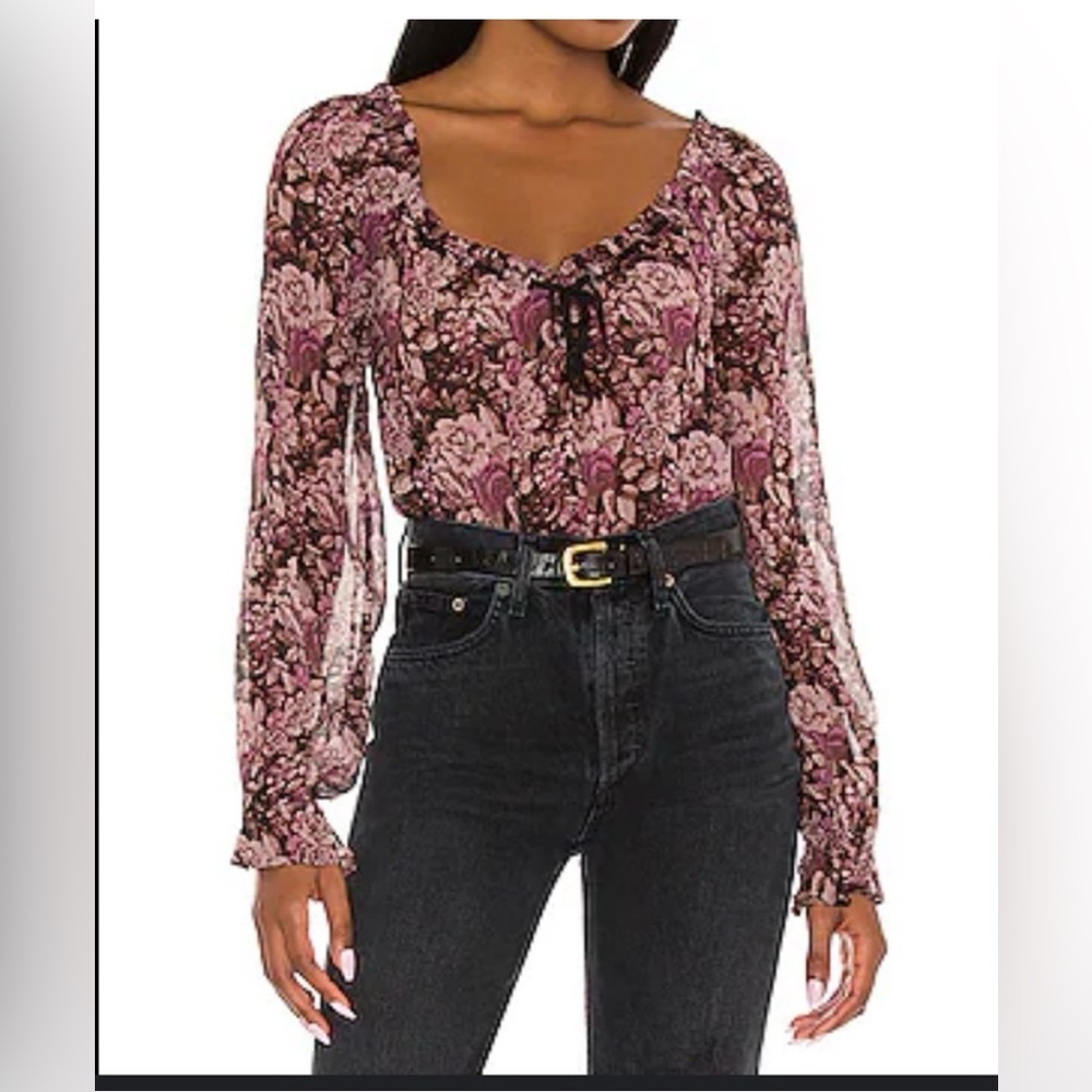 PAIGE Black and Pink Floral Sheer Tie-Neck SiLK Blouse